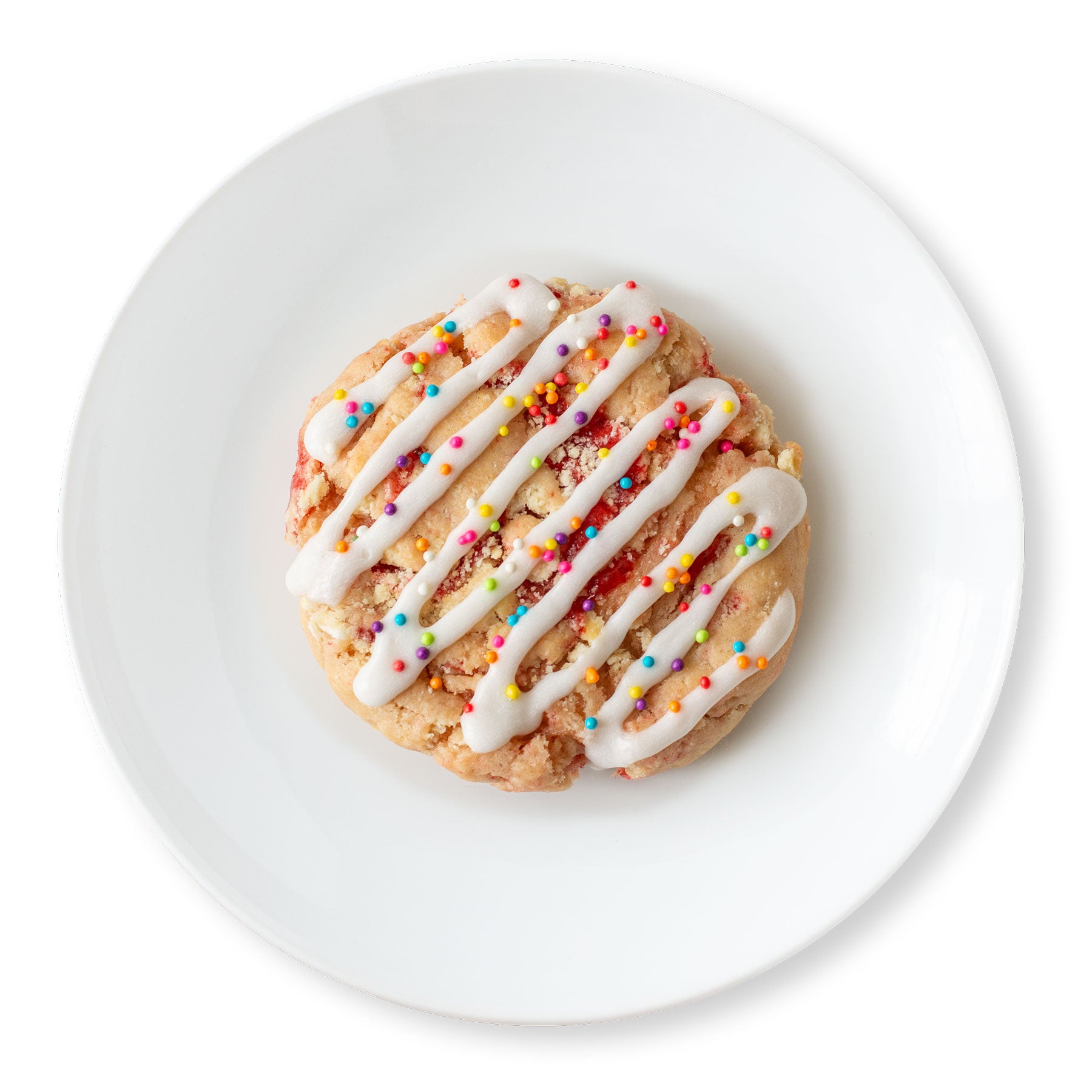 Close-up of a Strawberry Pop Tart Cookie topped with vanilla glaze and colorful nonpareils.