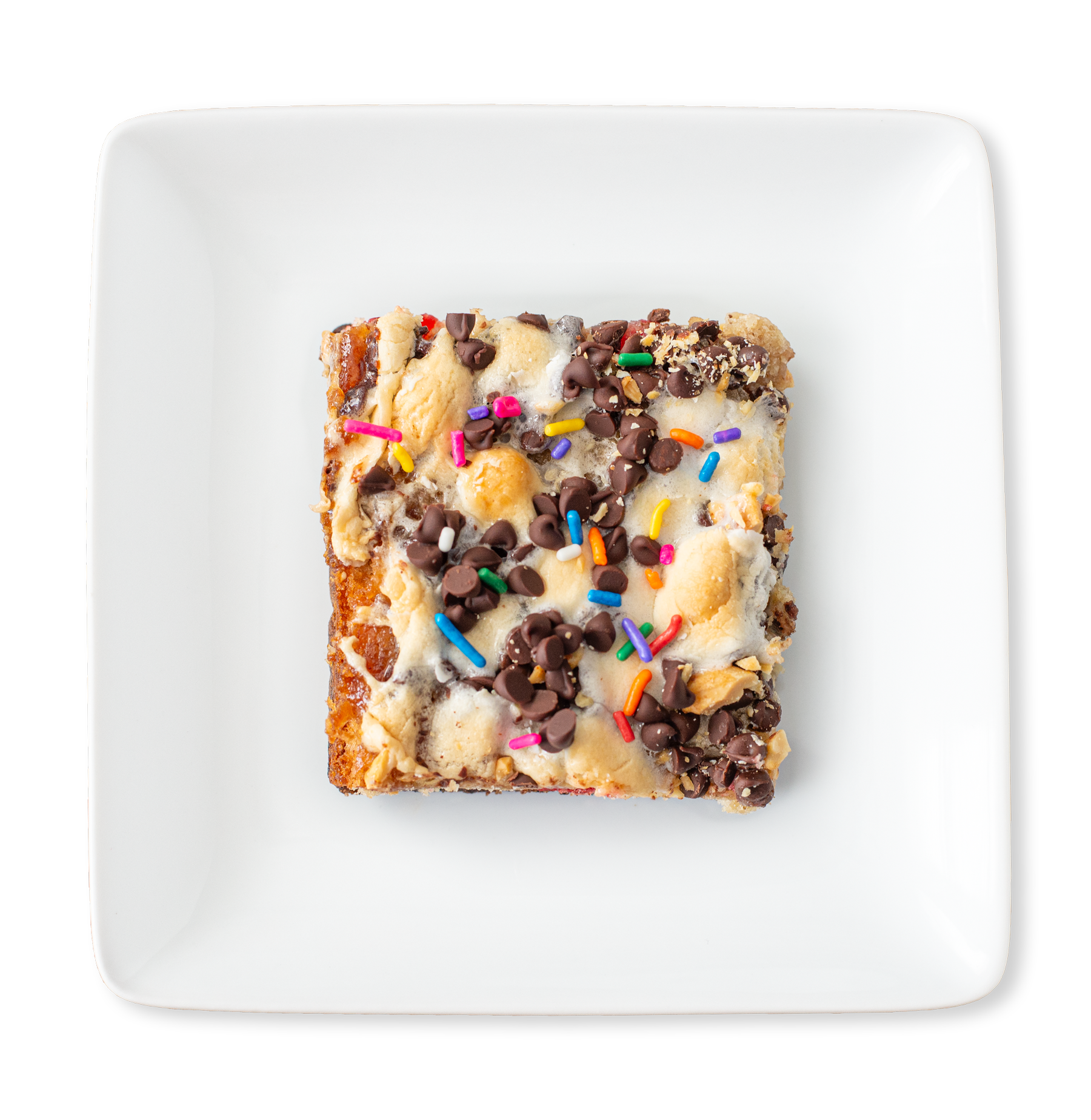 A colorful and delicious Banana Split Brownie viewed from above, featuring layers of fudgy brownie, banana bar, and assorted toppings, evoking summertime sweetness in every bite.