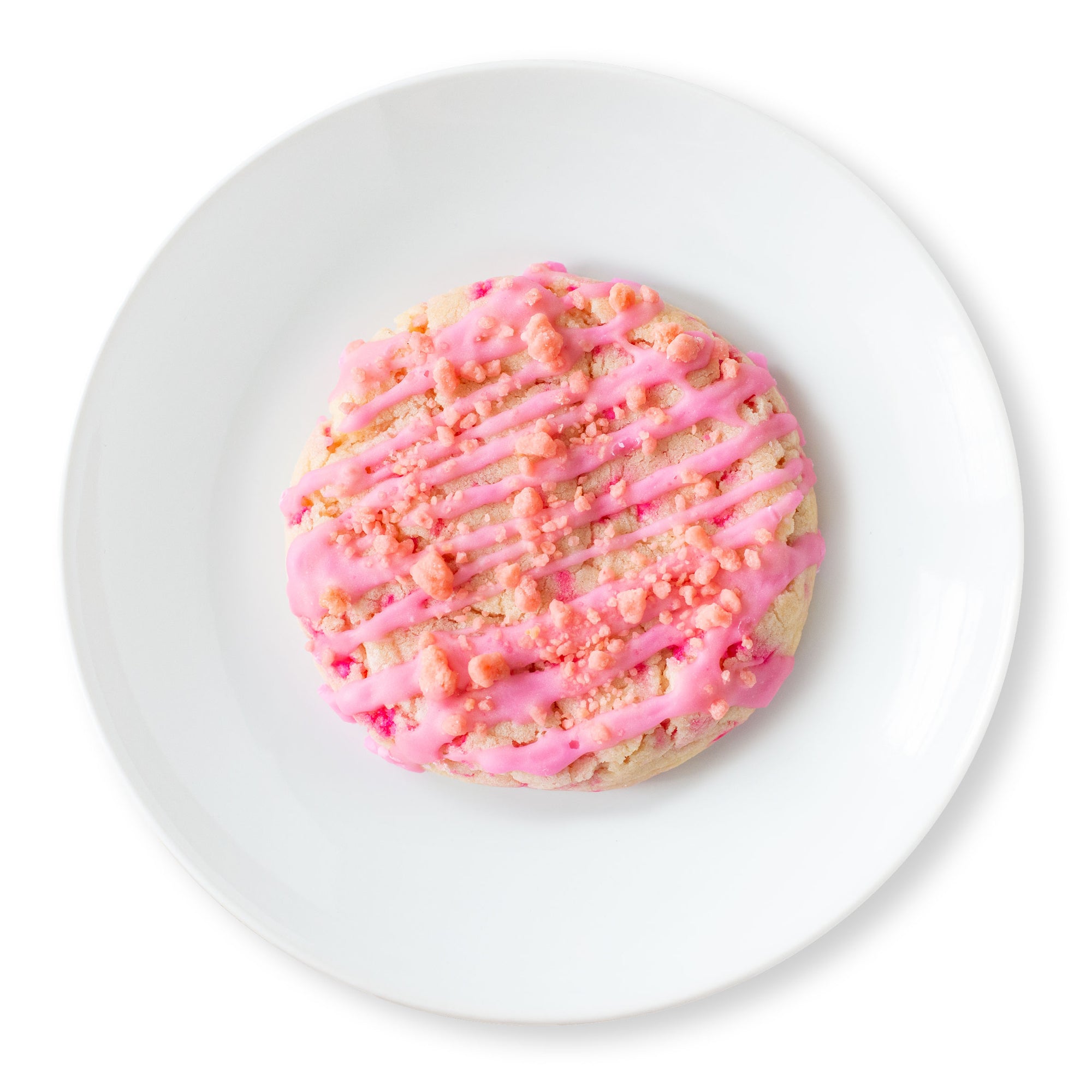 A fun and colorful image of a Bubble Gum Delight Cookie, showcasing its soft sugar cookie base with vibrant pink sprinkles mixed in, topped with a pink bubble gum flavored glaze and sprinkled with bubble gum flavored dessert crumbs.