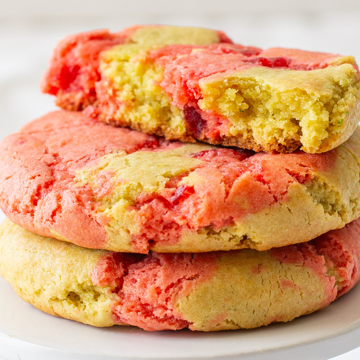 Overhead shot of a Cherry Limeade Cookie showcasing its beautiful swirled pattern of cherry and lime dough.