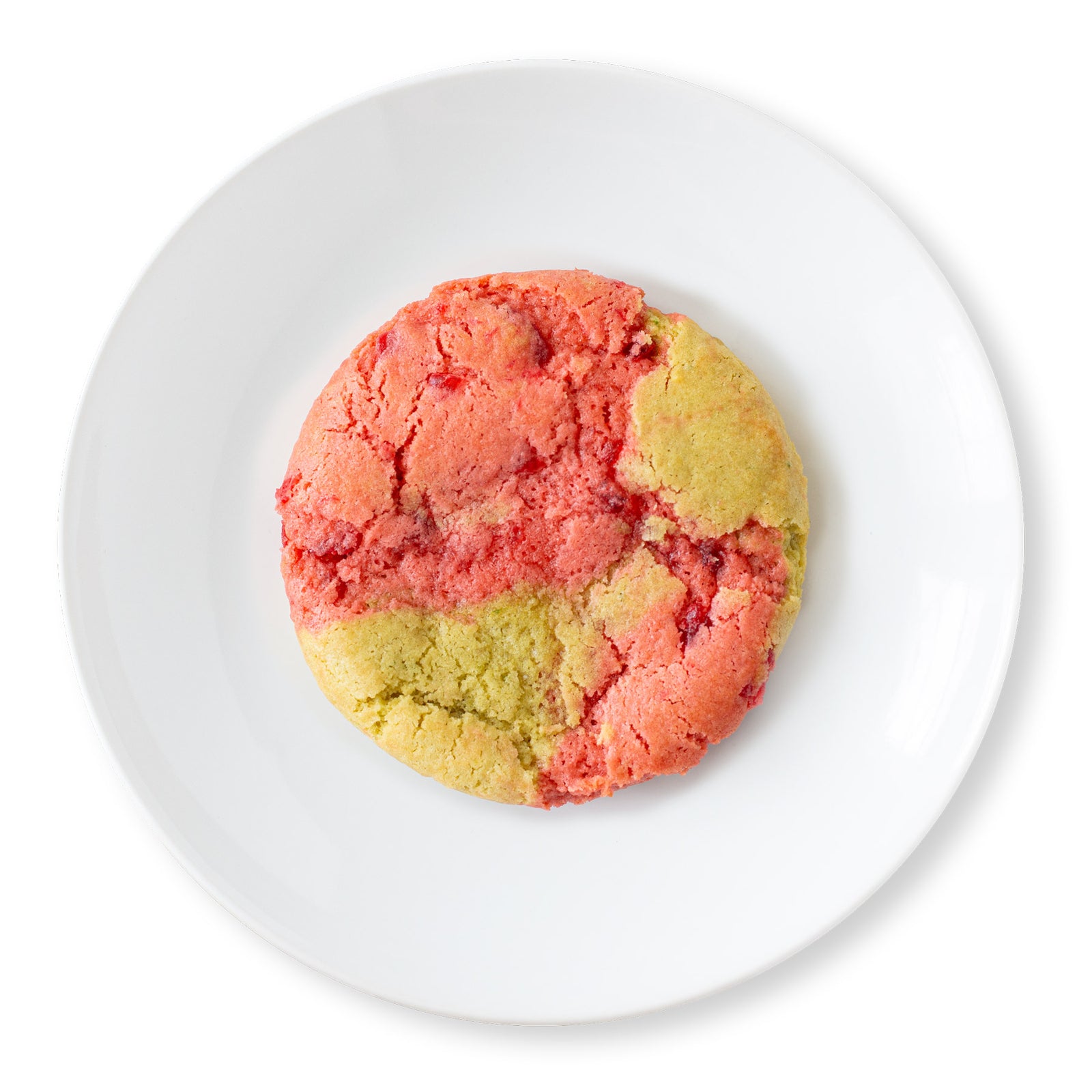 Overhead shot of a Cherry Limeade Cookie showcasing its beautiful swirled pattern of cherry and lime dough.