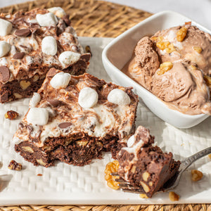 An enticing image of a tray of freshly baked Rocky Road Brownies, showcasing their moist texture, rich chocolate flavor, and nutty crunch.