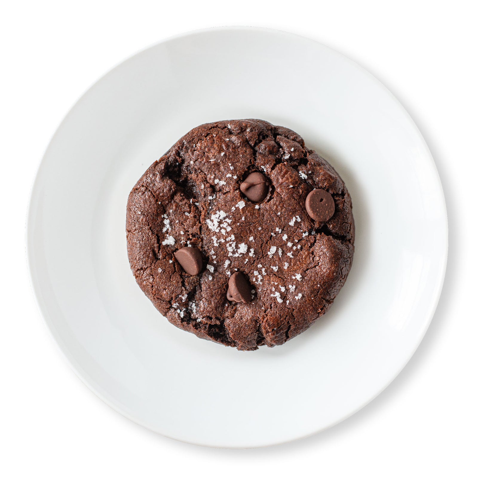 A delectable image of a Salted Caramel Cookie, showcasing its rich chocolate cookie dough wrapped around a caramel-filled candy, and topped with a sprinkle of fleur de sel for the perfect sweet and salty balance.