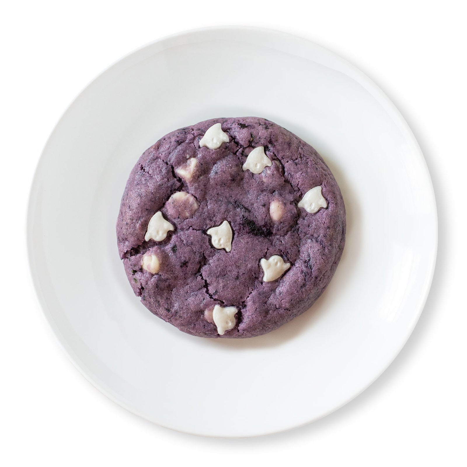 Blueberry-Flavored Halloween Cookies with White Chocolate and Ghost Sprinkles