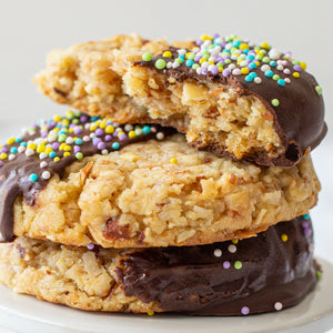Caribbean Dream Cookies - coconut cookies with almonds and then half-dipped in chocolate