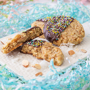 Caribbean Dream Cookies - coconut cookies with almonds and then half-dipped in chocolate