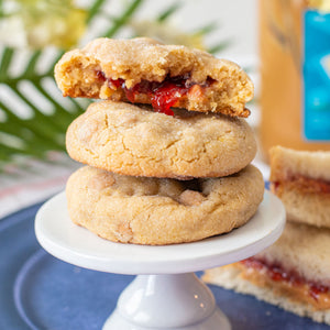 PB&J Cookie - peanut butter cookie with peanut butter chips and stuffed with delicious strawberry jam